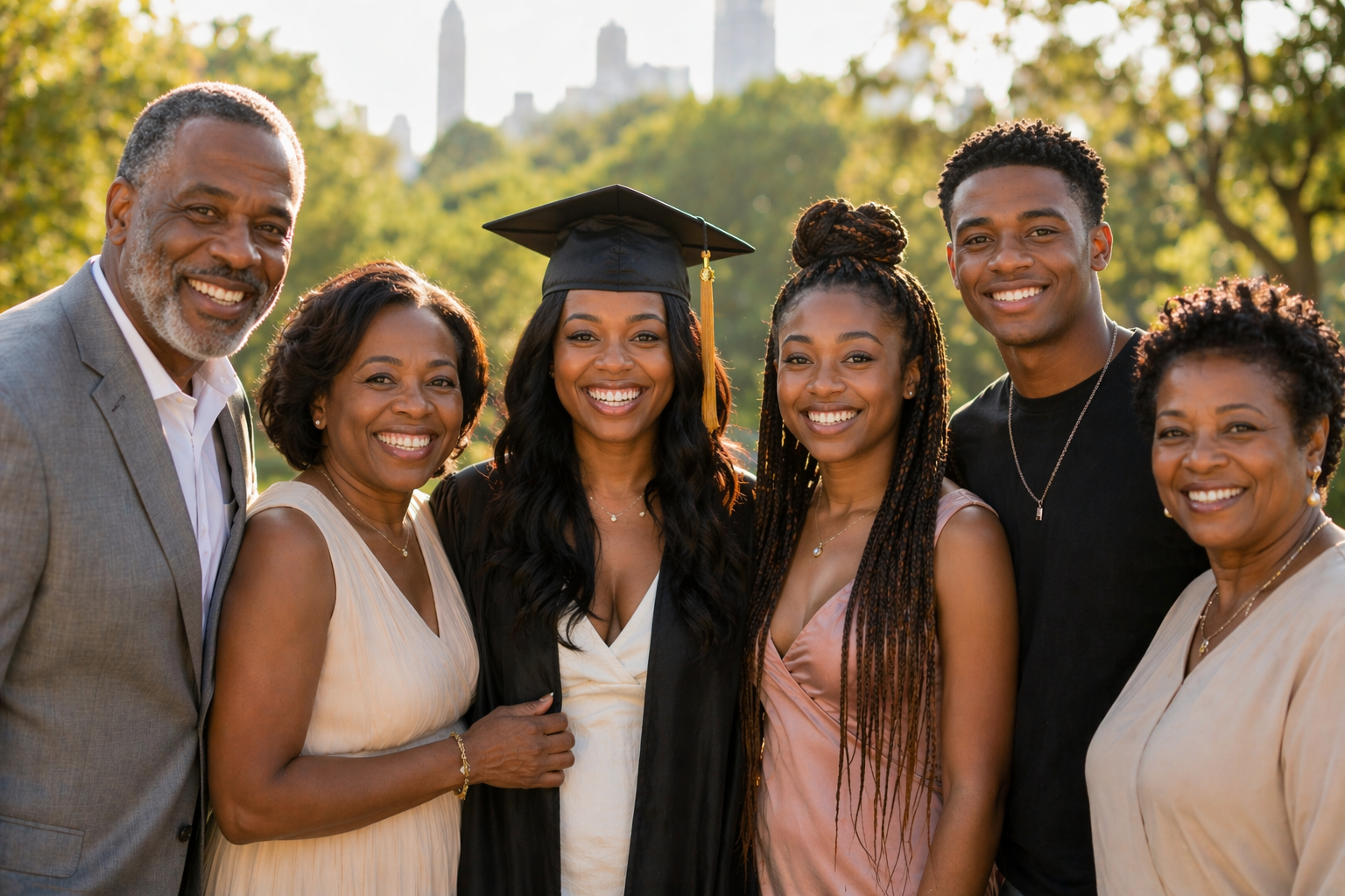 Graduate posing with family at an Atlanta park after a graduation photo session near Stonecrest and Lithonia