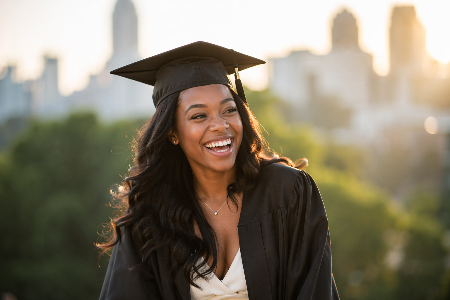 Graduate in cap and gown laughing during an outdoor graduation photo session in Atlanta, Georgia near Stonecrest and Lithonia